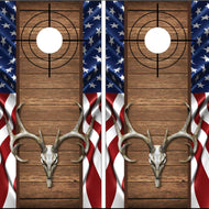 Buck Deer Skull on Wood Planks with US Flag